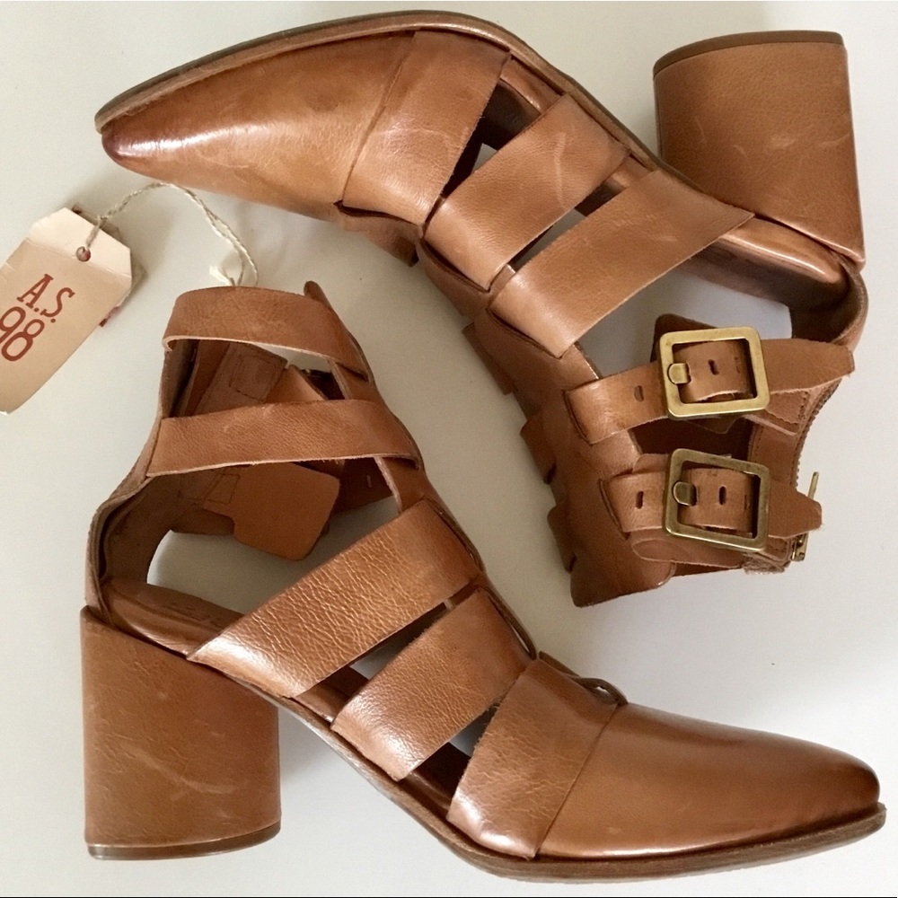 A.S.98 Cognac Brown Strappy Leather Block Heel Sandals